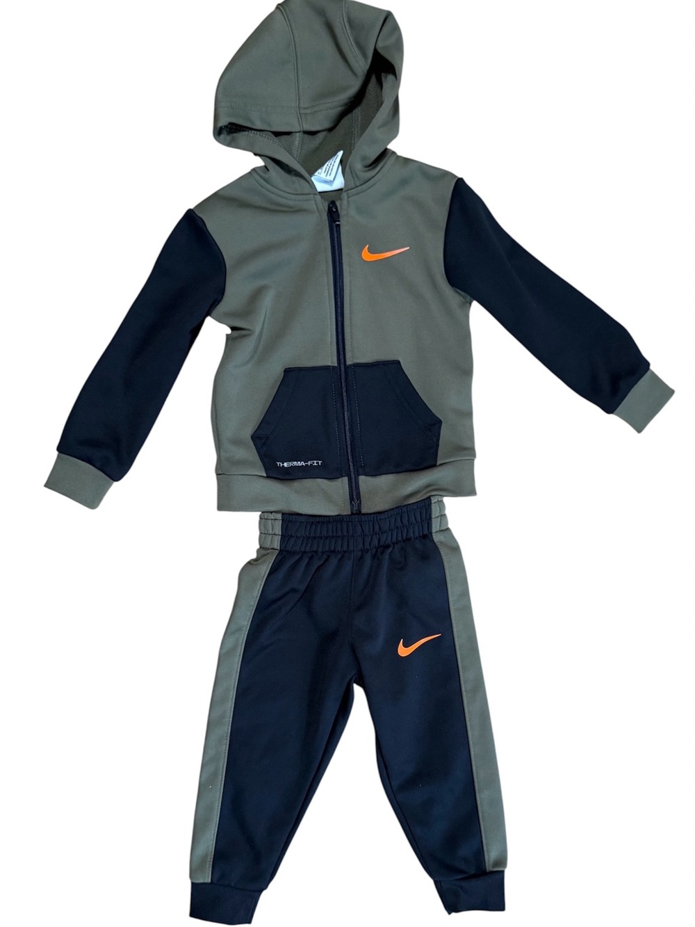 Nike Olive & Black Kids Jogger Set with Orange Swoosh